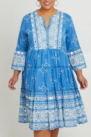 Model Ashleigh wearing size 16 of the Dee Why Beach Cotton Dress in colour Lightblue (Blue), from the front, cropped image