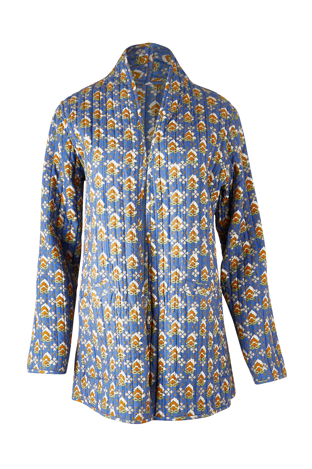 Product shot of the Brighton Beach Reversible Jacket in colour Patchblue (Blue), from the front
