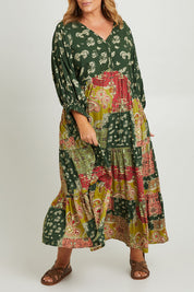 Model Fiona wearing size 16 of the Middleton Beach Maxi Dress in colour Patcholive (Green), from the front, cropped image