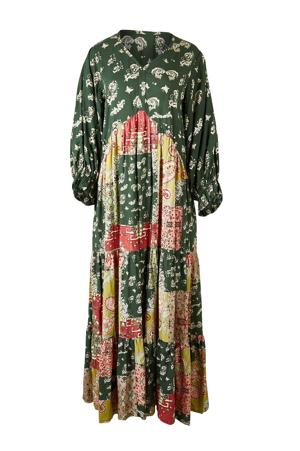 Product shot of the Middleton Beach Maxi Dress in colour Patcholive (Green), from the front