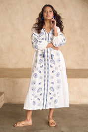 Model Tahnee wearing size 10 of the Whitehaven Beach Cotton Maxi Dress in colour Whiteblue (Blue), from the front, showing the whole outfit