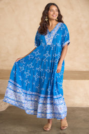 Model Tahnee wearing size 10 of the Dee Why Beach Cotton Maxi Dress in colour Bluelilac (Blue), from the front, showing the whole outfit