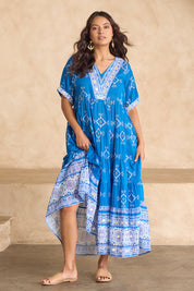 Model Tahnee wearing size 10 of the Dee Why Beach Cotton Maxi Dress in colour Bluelilac (Blue), from the front, showing the whole outfit