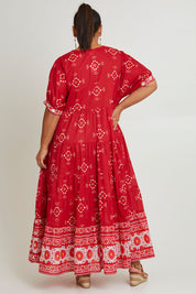 Model Ashleigh wearing size 16 of the Dee Why Beach Cotton Maxi Dress in colour Boldred (Red), from the back