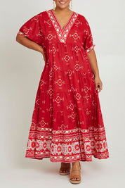 Model Ashleigh wearing size 16 of the Dee Why Beach Cotton Maxi Dress in colour Boldred (Red), from the front, cropped image