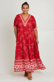 Model Ashleigh wearing size 16 of the Dee Why Beach Cotton Maxi Dress in colour Boldred (Red), from the front, showing the whole outfit