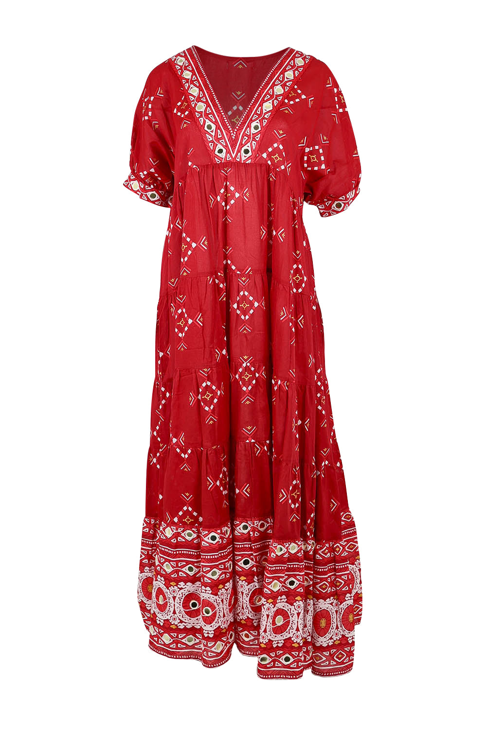 Product shot of the Dee Why Beach Cotton Maxi Dress in colour Boldred (Red), from the front