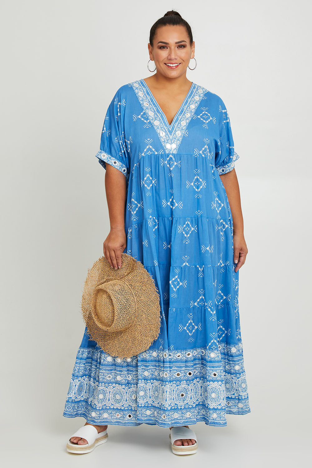 Model Ashleigh wearing size 16 of the Dee Why Beach Cotton Maxi Dress in colour Lightblue (Blue), from the front, showing the whole outfit