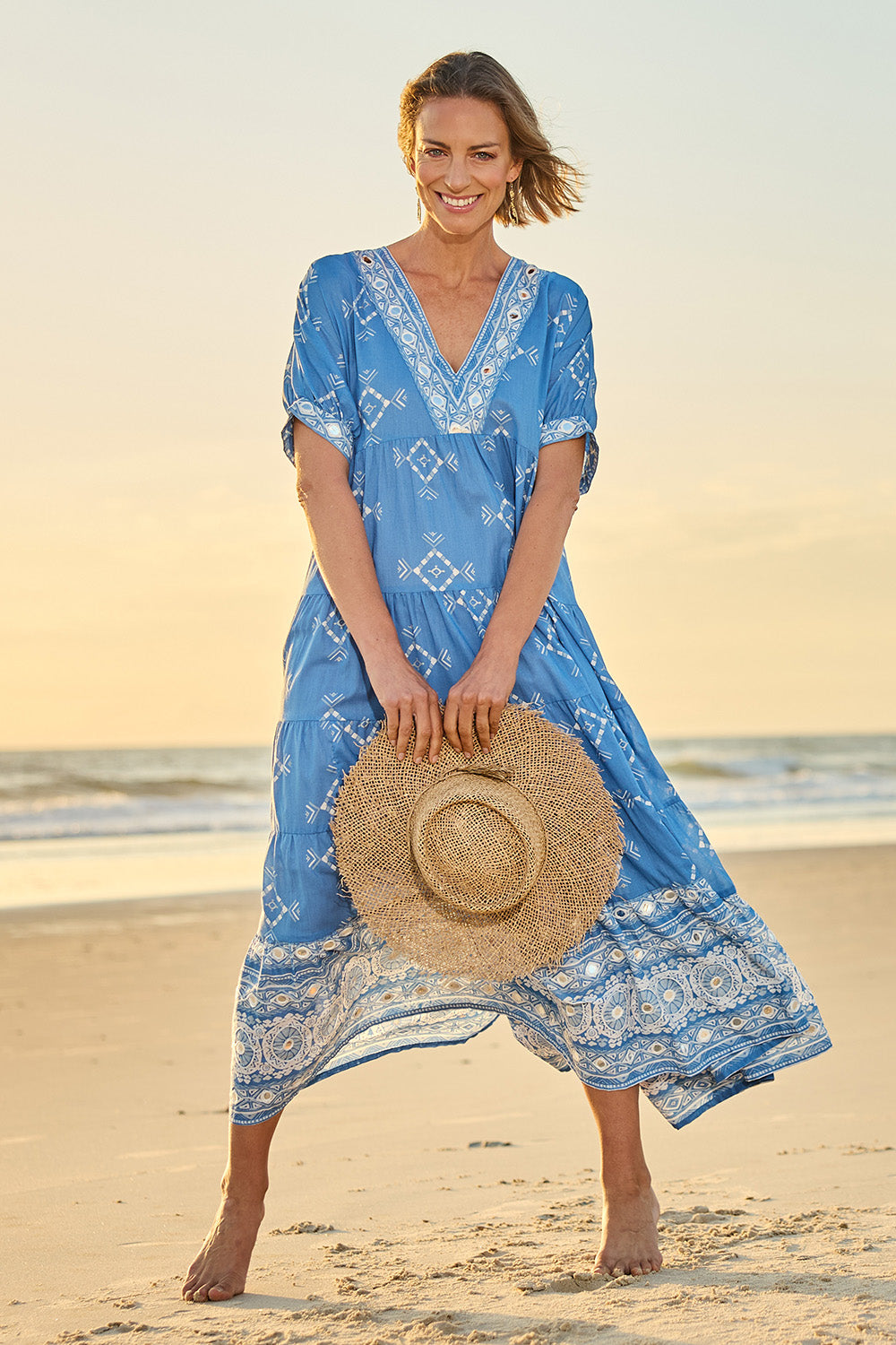 Model Riina wearing size 10 of the Dee Why Beach Cotton Maxi Dress in colour Lightblue (Blue), from the front, showing the whole outfit