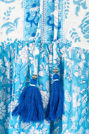 Product shot of the Cottesloe Beach Cotton Dress in colour Bluefloral (Blue), detail