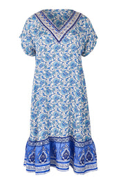 Product shot of the Pacific Beach V Neck Dress – Blue in colour Blue, from the front
