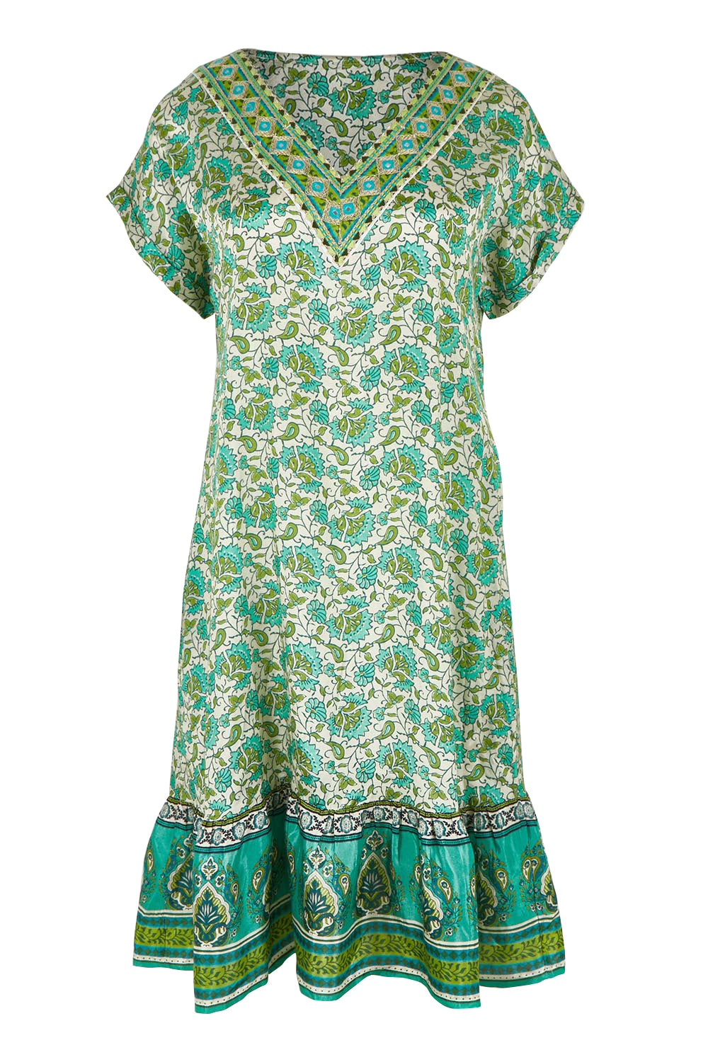 Product shot of the Pacific Beach V Neck Dress in colour Whitegreen (Green), from the front