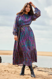 Model Tahnee wearing size 10 of the Edith Falls Maxi Dress in colour Paisley, from the front, showing the whole outfit