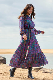 Model Tahnee wearing size 10 of the Edith Falls Maxi Dress in colour Paisley, from the front, showing the whole outfit