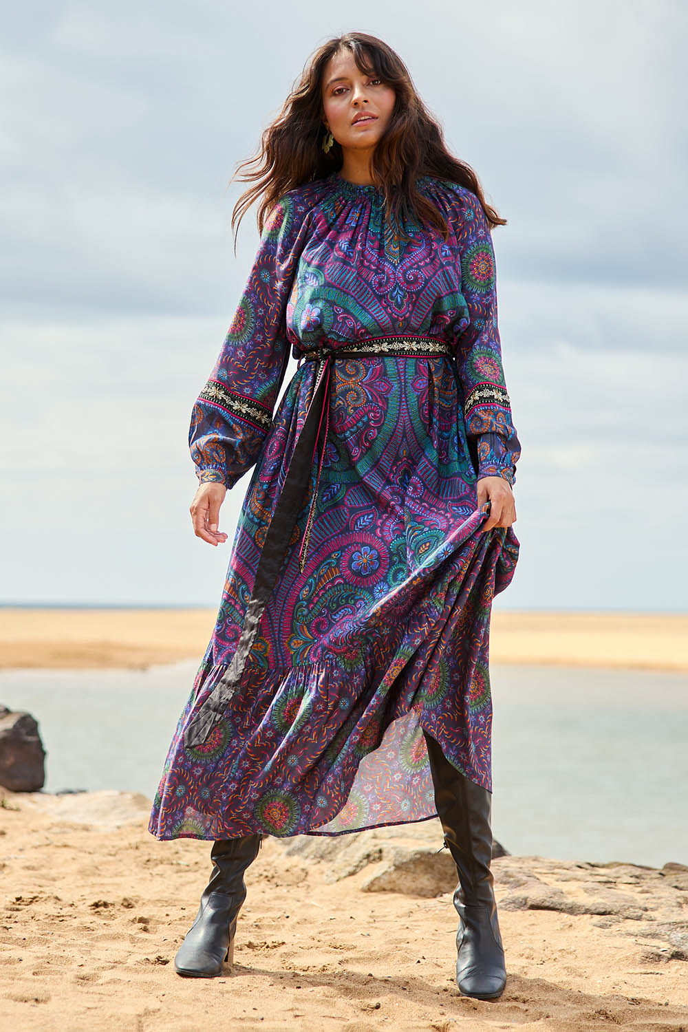 Model Tahnee wearing size 10 of the Edith Falls Maxi Dress in colour Paisley, from the front, showing the whole outfit