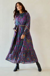 Model Tahnee wearing size 10 of the Edith Falls Maxi Dress in colour Paisley, from the front, showing the whole outfit