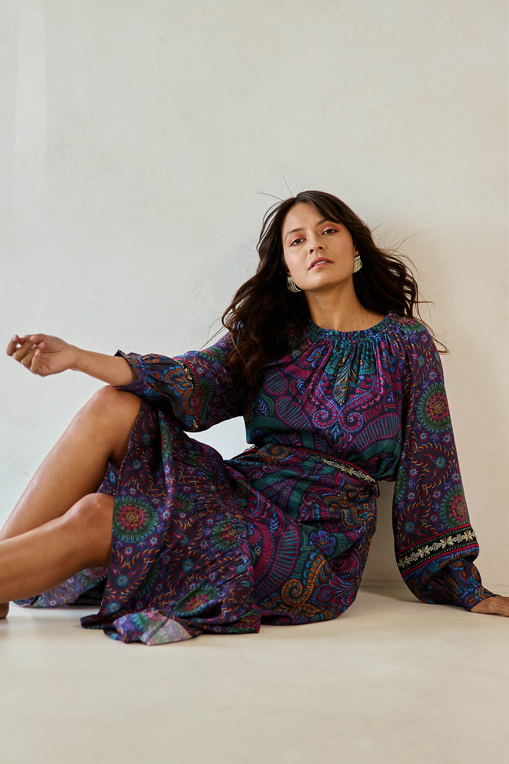 Model Tahnee wearing size 10 of the Edith Falls Maxi Dress in colour Paisley, from the front, showing the whole outfit