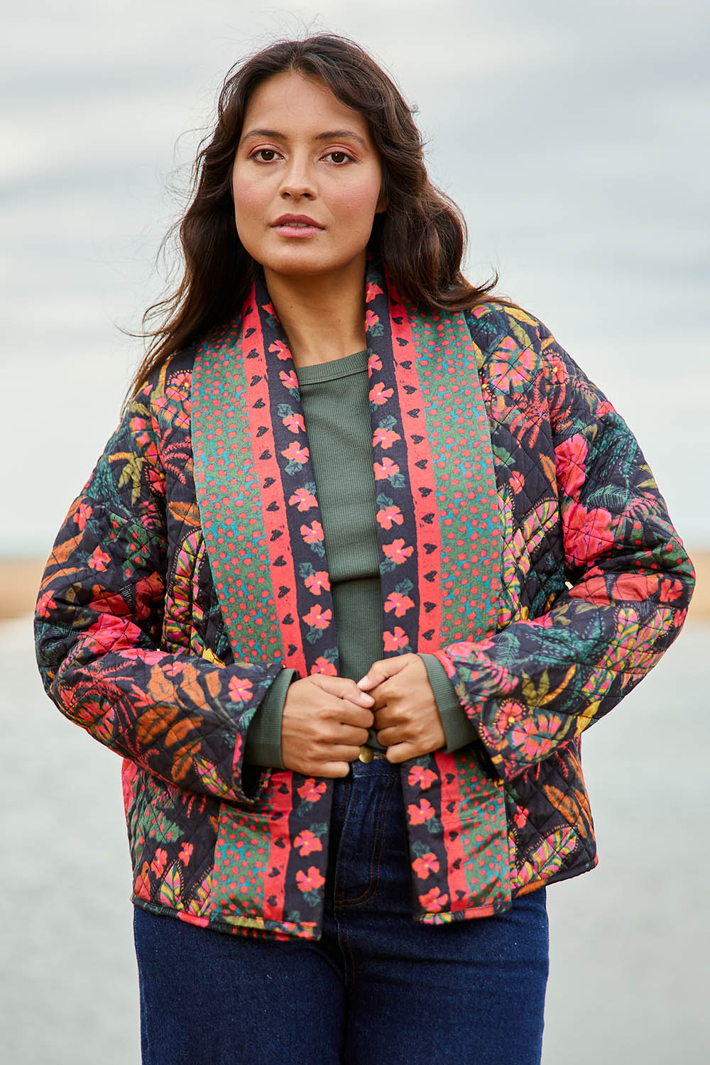 Model Tahnee wearing size 10 of the Edith Falls Jacket in colour Wilderness, from the front, showing the whole outfit