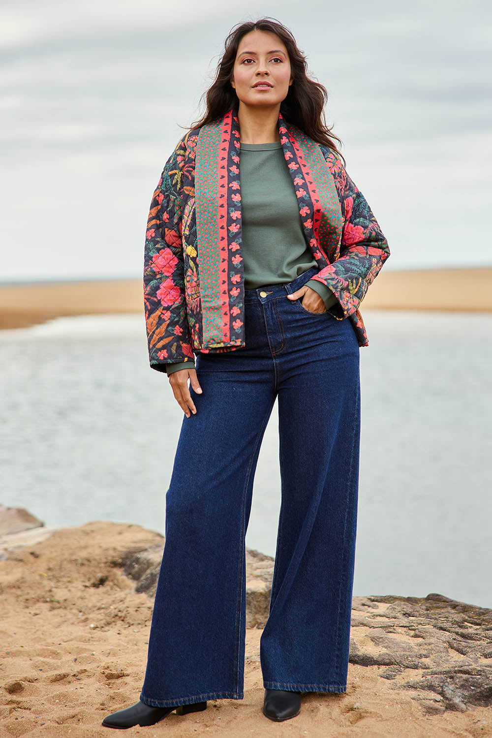 Model Tahnee wearing size 10 of the Edith Falls Jacket in colour Wilderness, from the front, showing the whole outfit