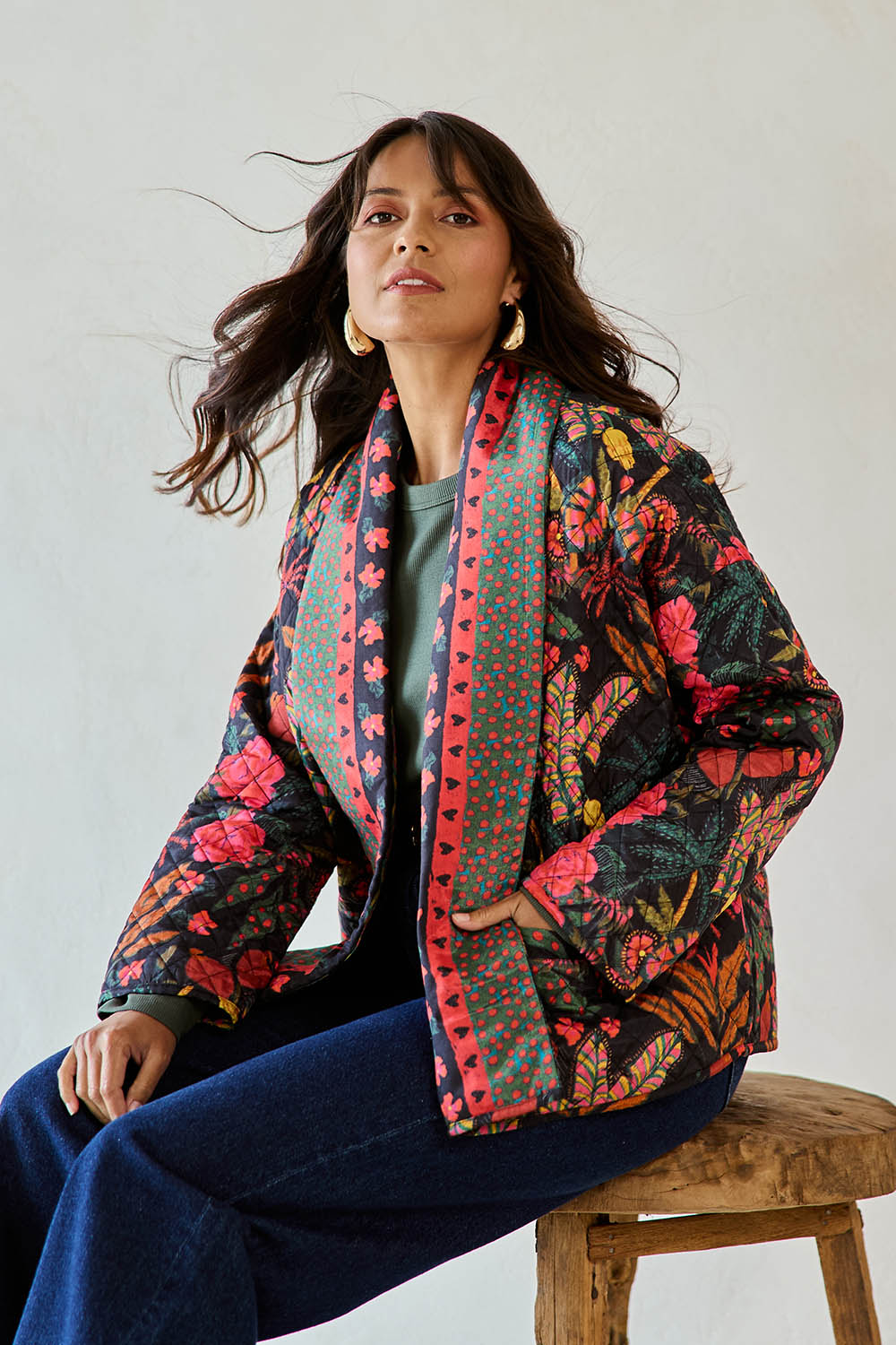 Model Tahnee wearing size 10 of the Edith Falls Jacket in colour Wilderness, from the front, showing the whole outfit