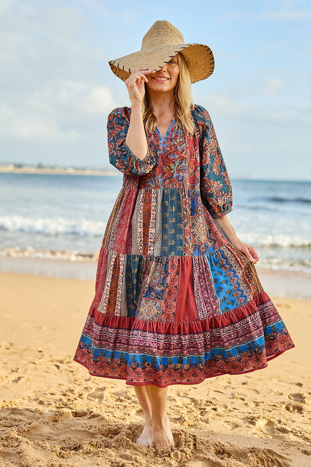 Model Maggie wearing size 10 of the Middleton Beach Corduroy Dress in colour Jumble, from the front, showing the whole outfit