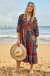 Model Maggie wearing size 10 of the Middleton Beach Corduroy Dress in colour Jumble, from the front, showing the whole outfit