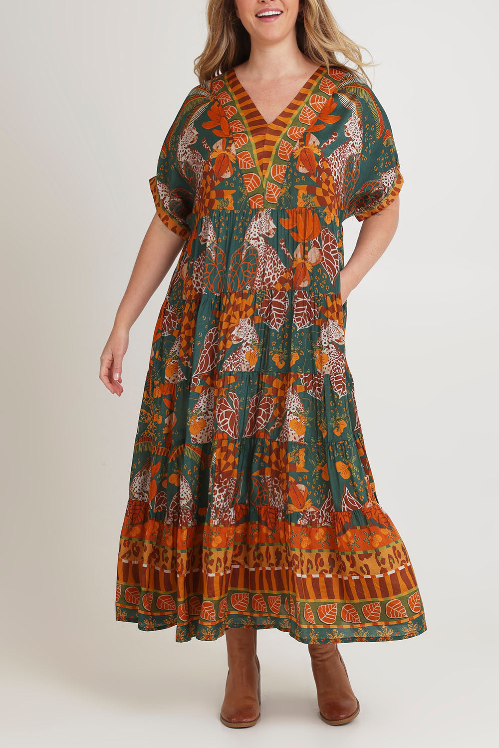 Model Chanel wearing size 16 of the Wentworth Falls Maxi Dress in colour Leopard, from the front, cropped image