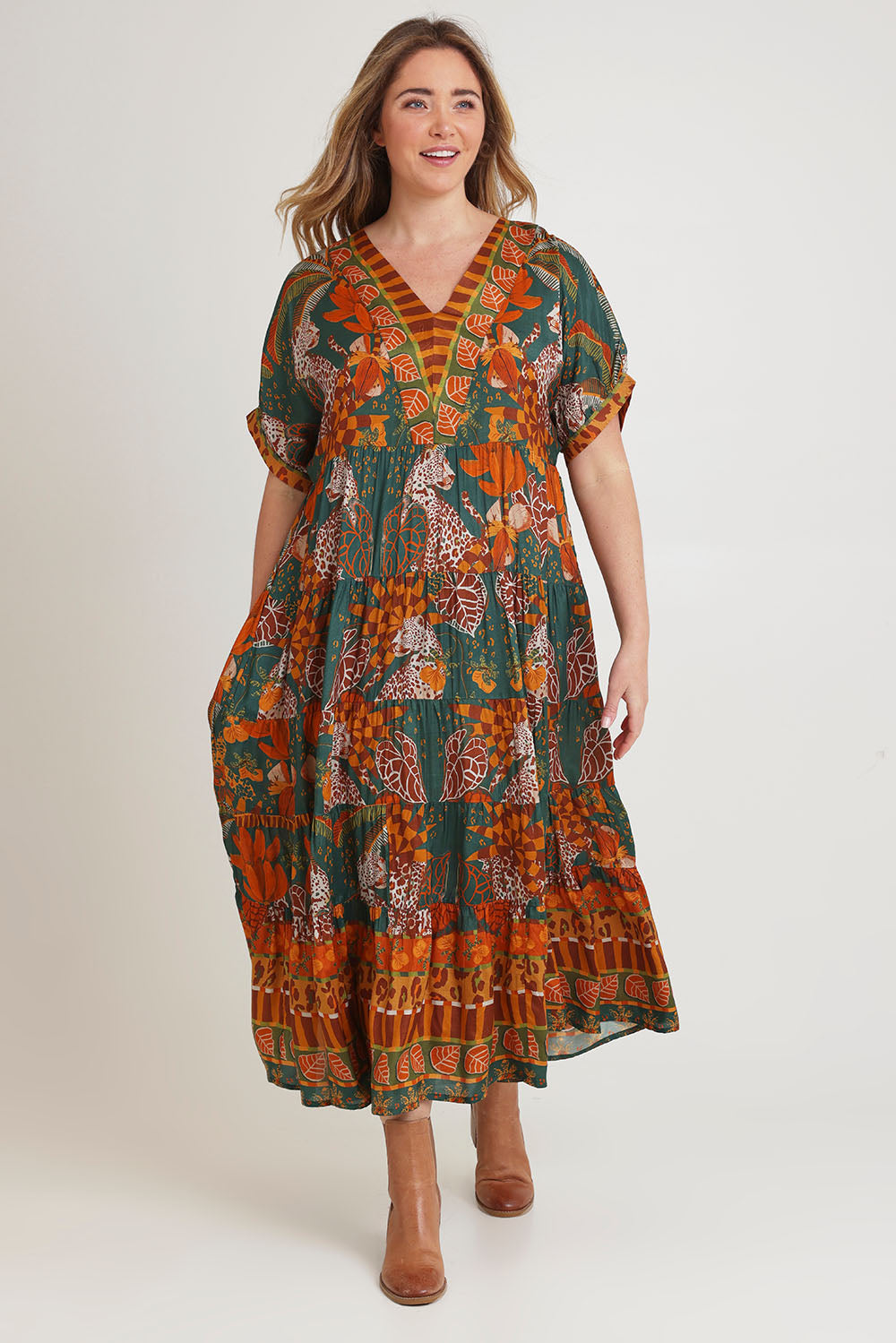 Model Chanel wearing size 16 of the Wentworth Falls Maxi Dress in colour Leopard, from the front, showing the whole outfit