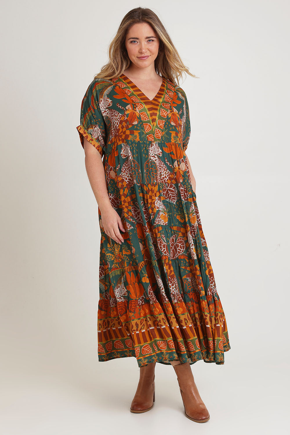 Model Chanel wearing size 16 of the Wentworth Falls Maxi Dress in colour Leopard, from the front, showing the whole outfit