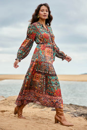 Model Tahnee wearing size 10 of the Florance Falls Maxi Dress in colour Heritage, from the front, showing the whole outfit