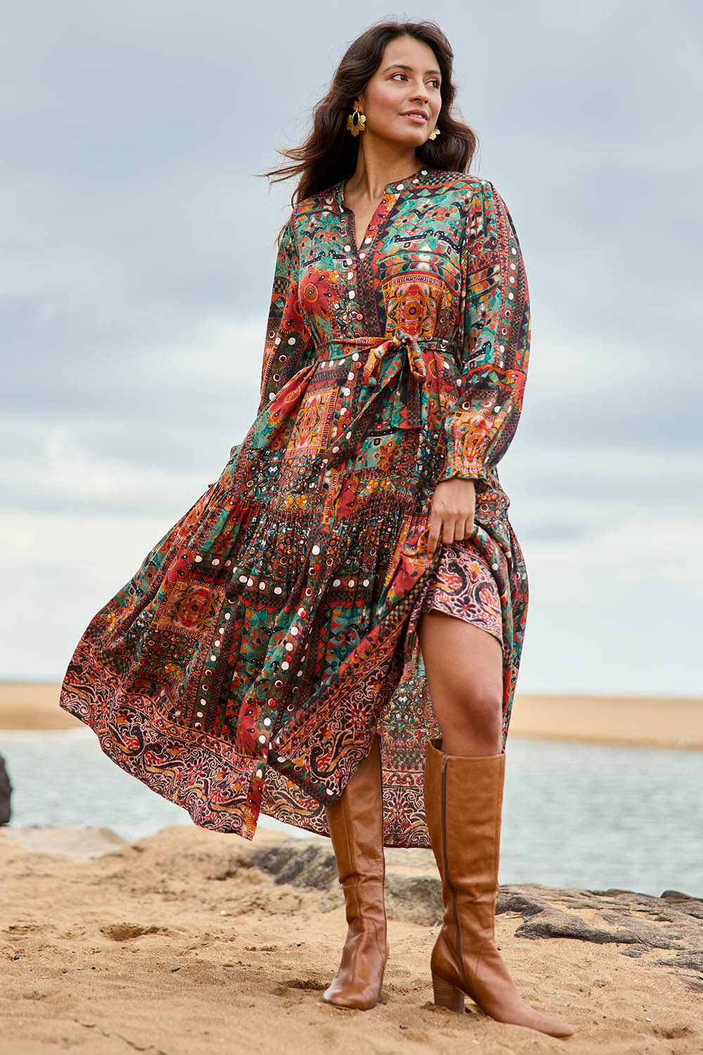 Model Tahnee wearing size 10 of the Florance Falls Maxi Dress in colour Heritage, from the front, showing the whole outfit