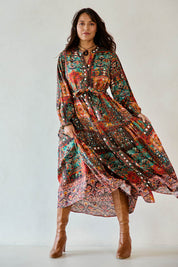 Model Tahnee wearing size 10 of the Florance Falls Maxi Dress in colour Heritage, from the front, showing the whole outfit
