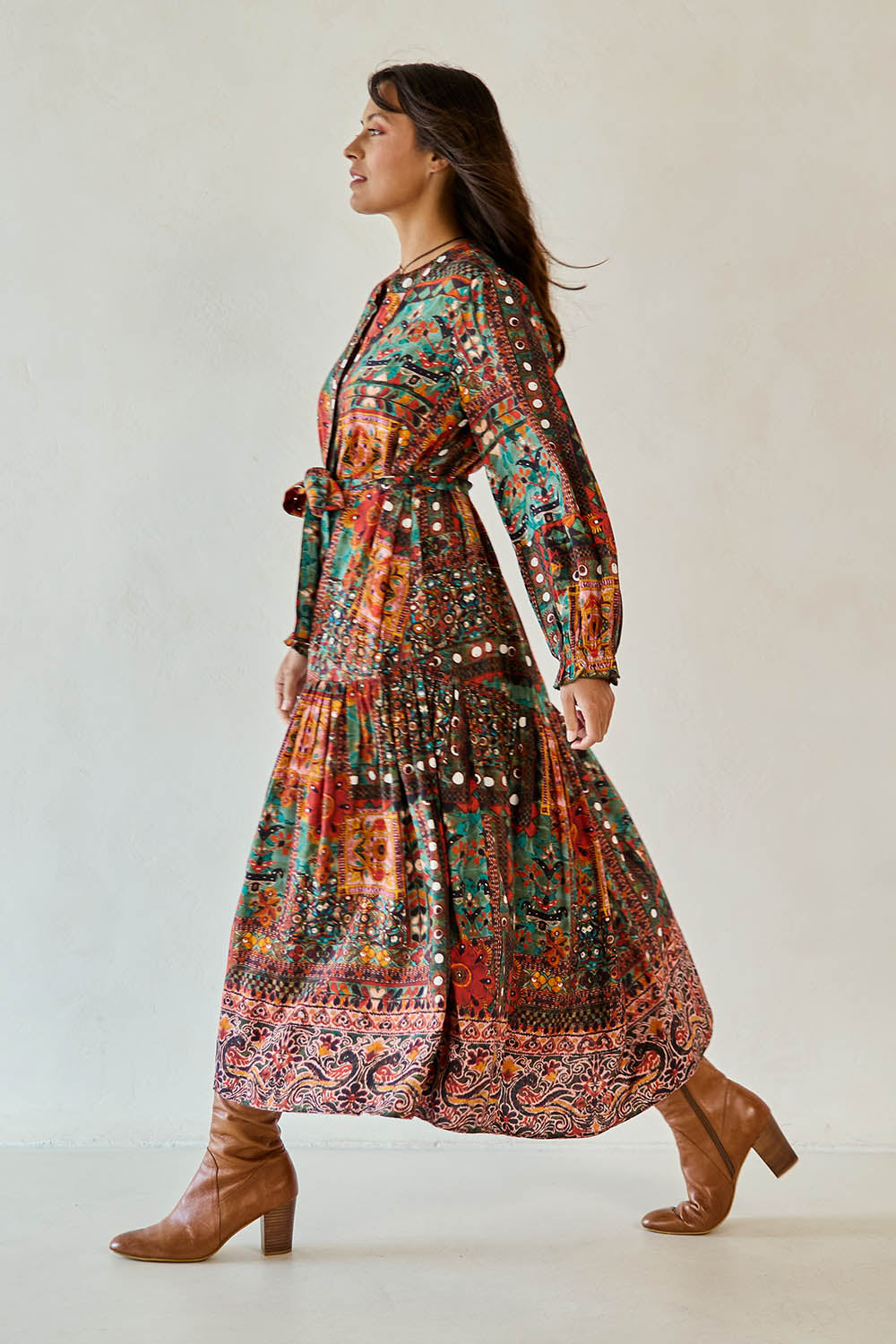 Model Tahnee wearing size 10 of the Florance Falls Maxi Dress in colour Heritage, from the front, showing the whole outfit
