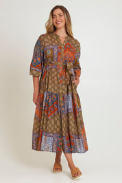 Model Chanel wearing size 16 of the Florance Falls Maxi Dress in colour Paisley, from the front, showing the whole outfit