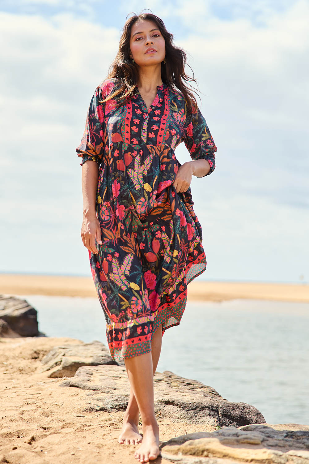 Model Tahnee wearing size 10 of the Florance Falls Dress in colour Wilderness, from the front, showing the whole outfit
