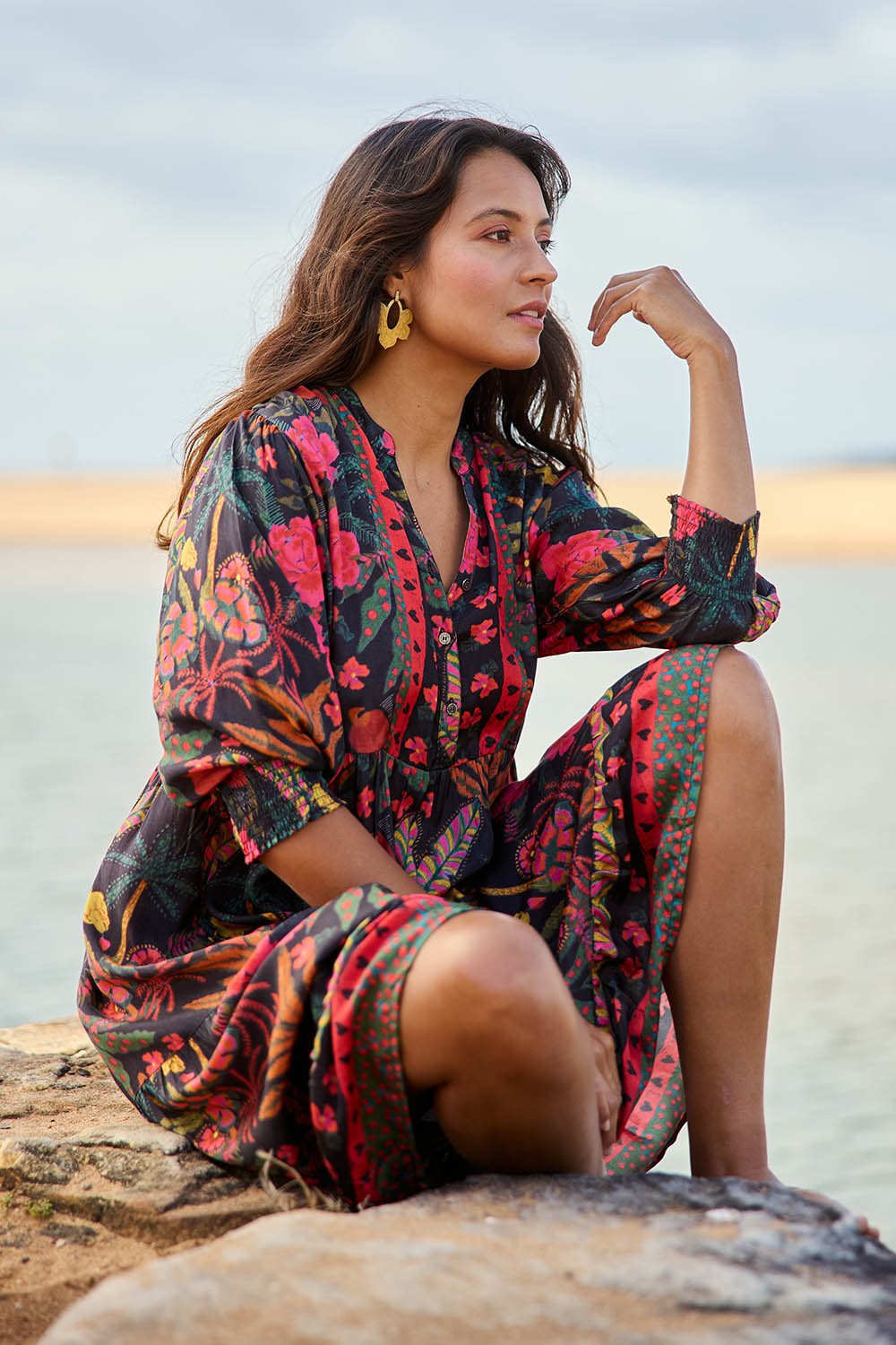 Model Tahnee wearing size 10 of the Florance Falls Dress in colour Wilderness, from the front, showing the whole outfit