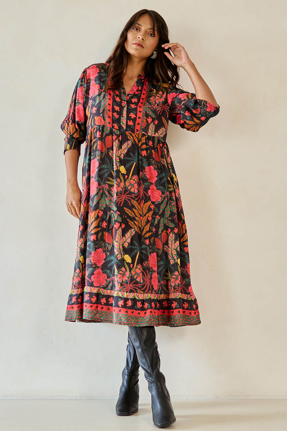Model Tahnee wearing size 10 of the Florance Falls Dress in colour Wilderness, from the front, showing the whole outfit