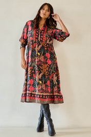 Model Tahnee wearing size 10 of the Florance Falls Dress in colour Wilderness, from the front, showing the whole outfit
