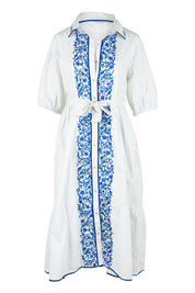 Product shot of the Ipanema Beach Cotton Embroidered Dress in colour Whiteblue (Blue), from the front