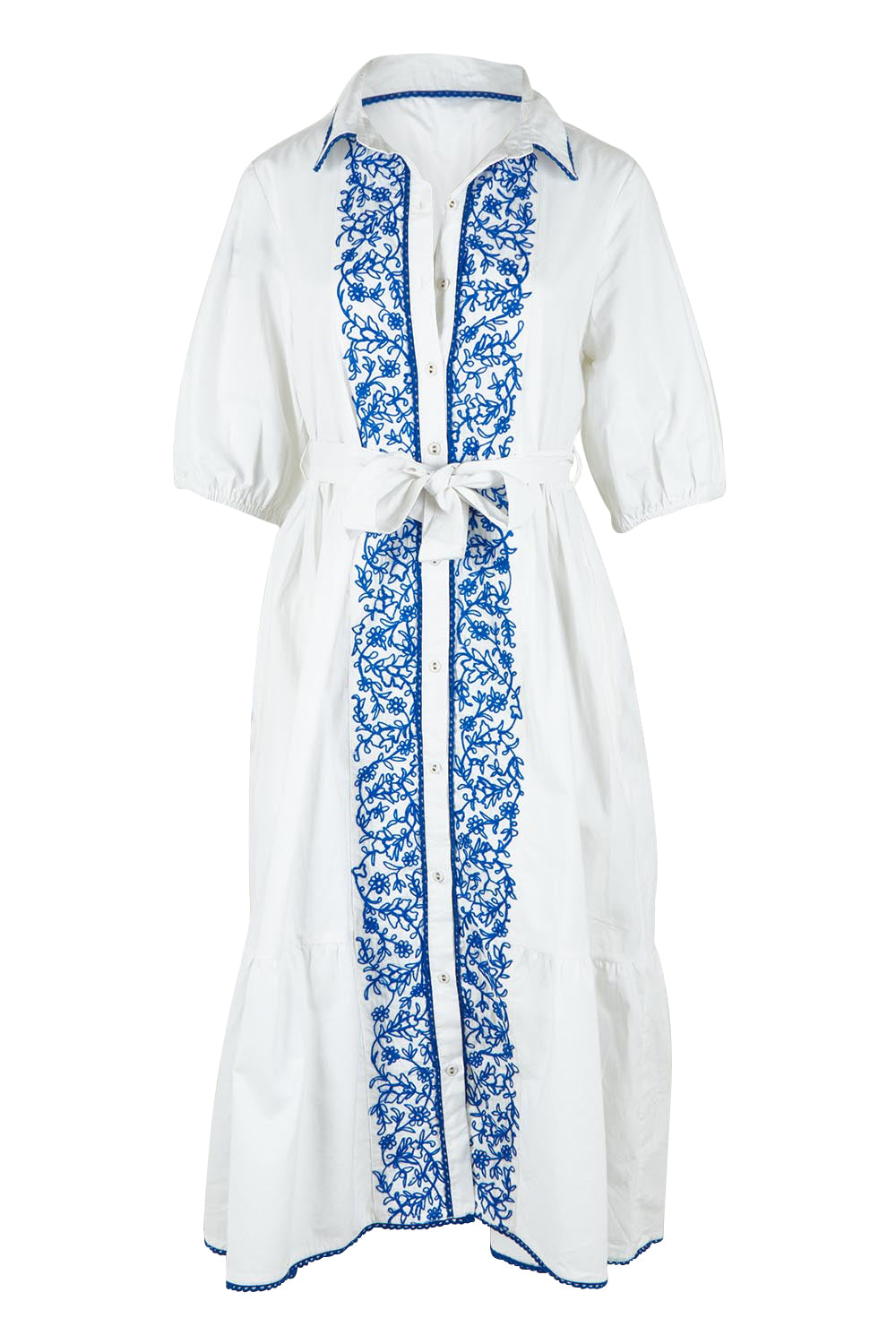 Product shot of the Ipanema Beach Cotton Embroidered Dress in colour Whiteblue (Blue), from the front