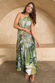 Model Tahnee wearing size 10 of the Palm Cove One Shoulder Dress in colour Tropical (Green), from the front, showing the whole outfit