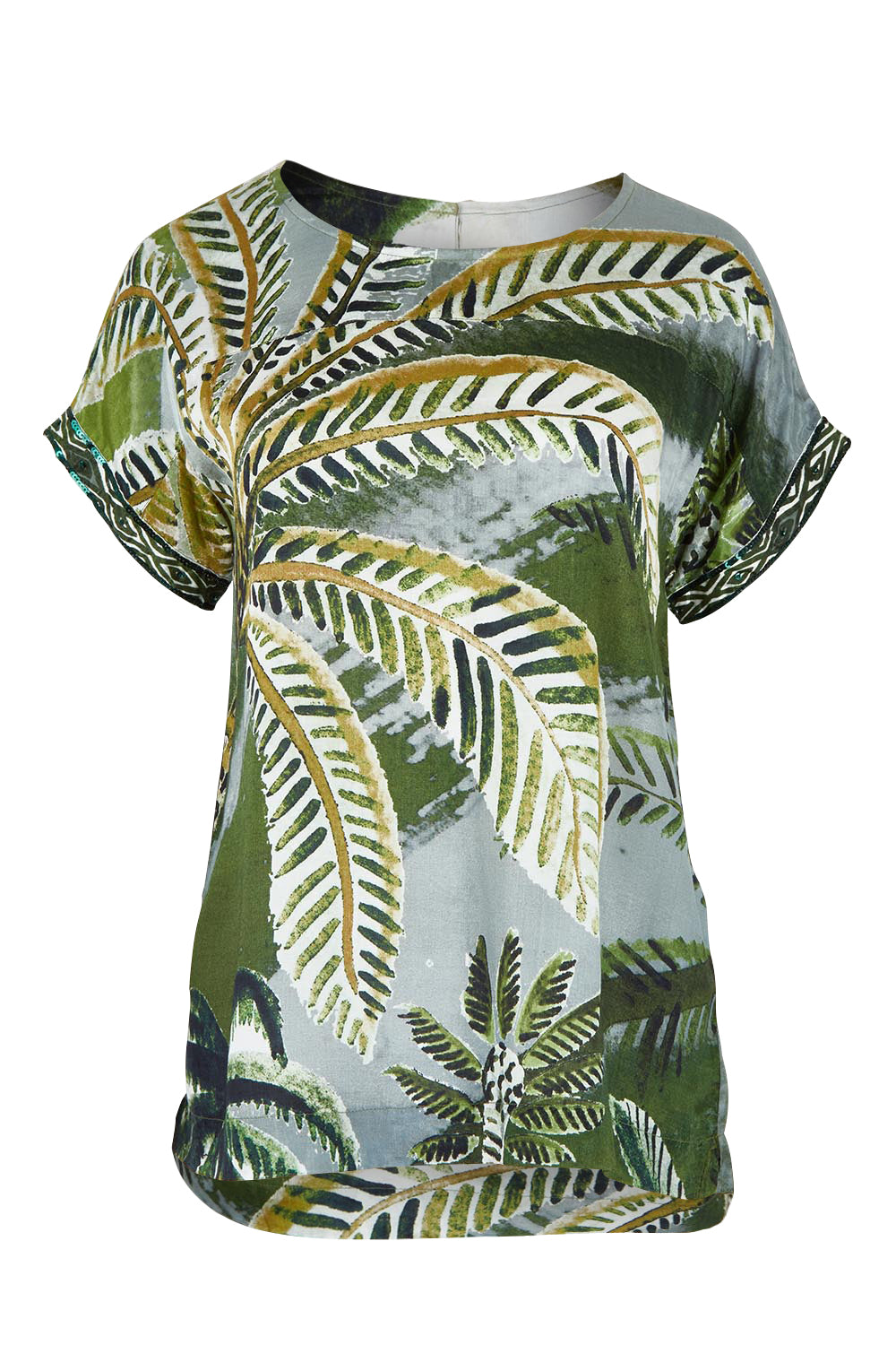 Product shot of the Palm Cove Top in colour Tropical (Green), from the front