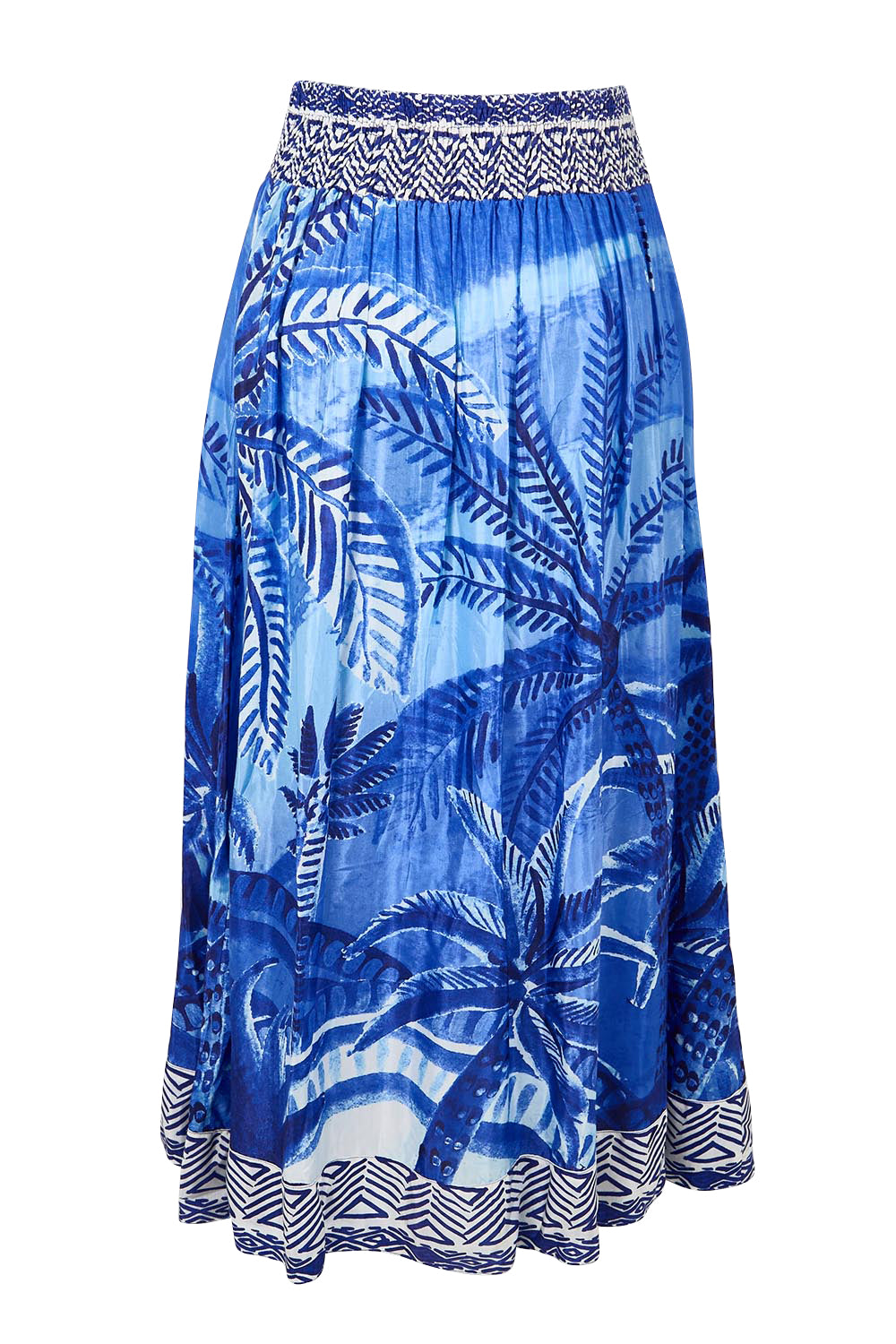 Product shot of the Palm Cove Long Skirt – Blue in colour Blue, from the back