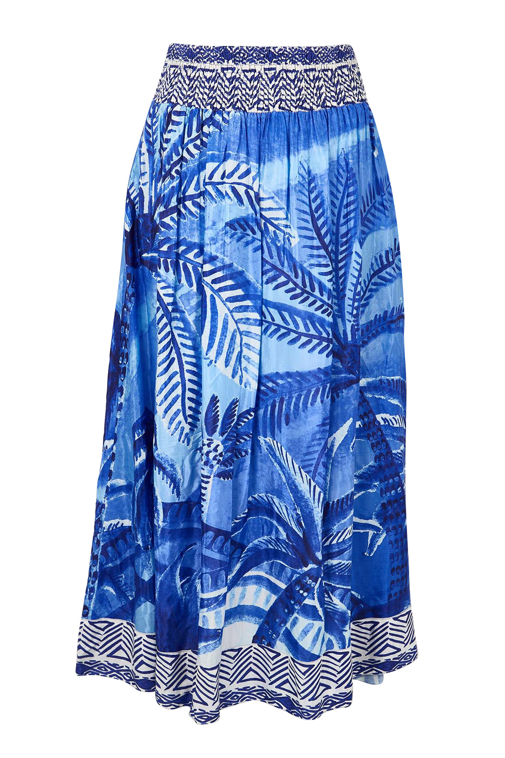 Product shot of the Palm Cove Long Skirt – Blue in colour Blue, from the front