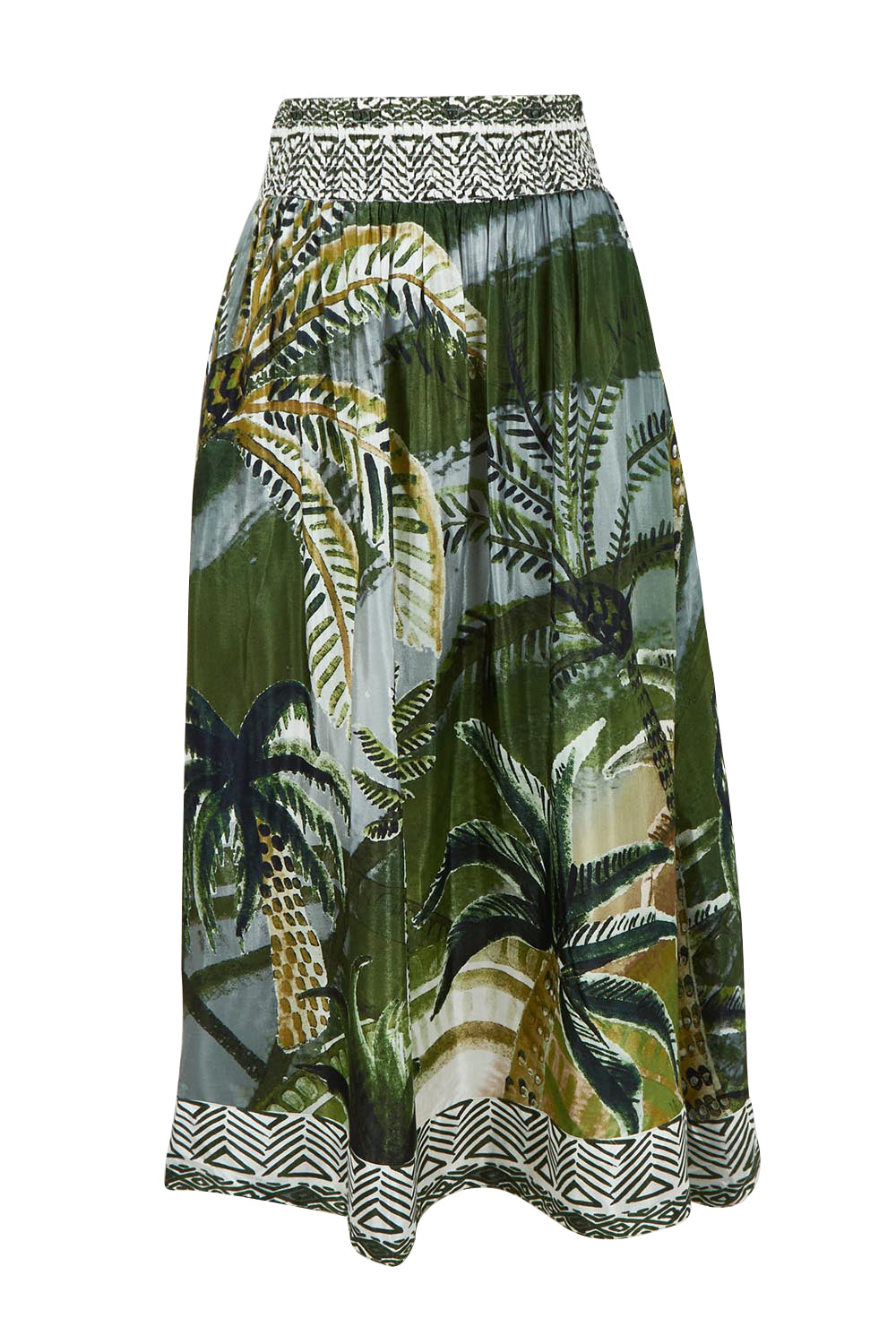 Product shot of the Palm Cove Long Skirt in colour Tropical (Green), from the front