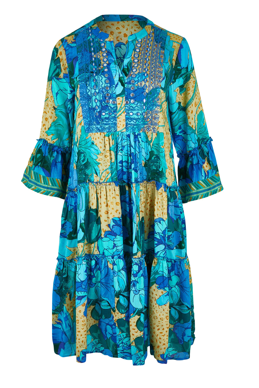 Product shot of the Blue Lagoon Embroidered Dress in colour Azurebloom, from the front