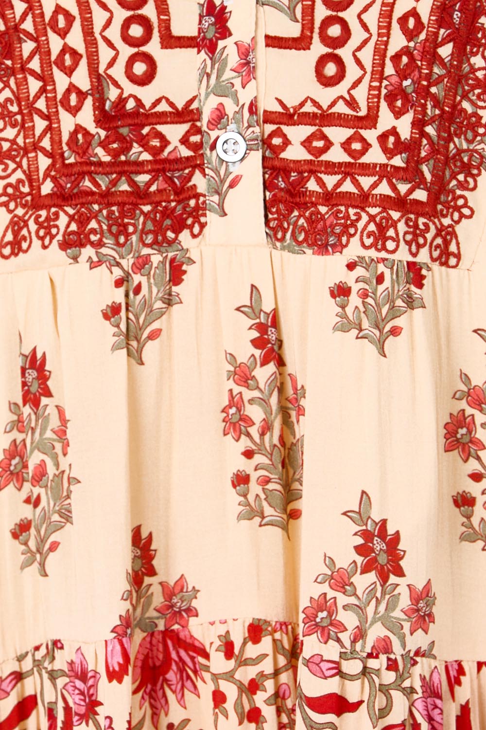 Product shot of the Blue Lagoon Embroidered Dress – Redcream in colour Redcream, showing detail
