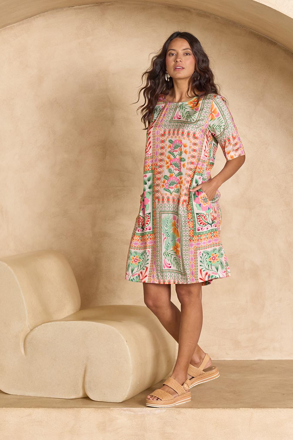 Model Tahnee wearing size 10 of the Sapphire Beach Shift Dress in colour Multi, from the front, showing the whole outfit