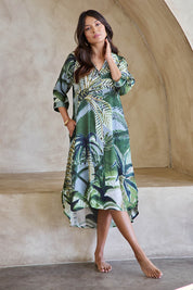 Model Tahneei wearing size 10 of the Sapphire Beach Shirt Dress – Tropical in colour Tropical, from the front