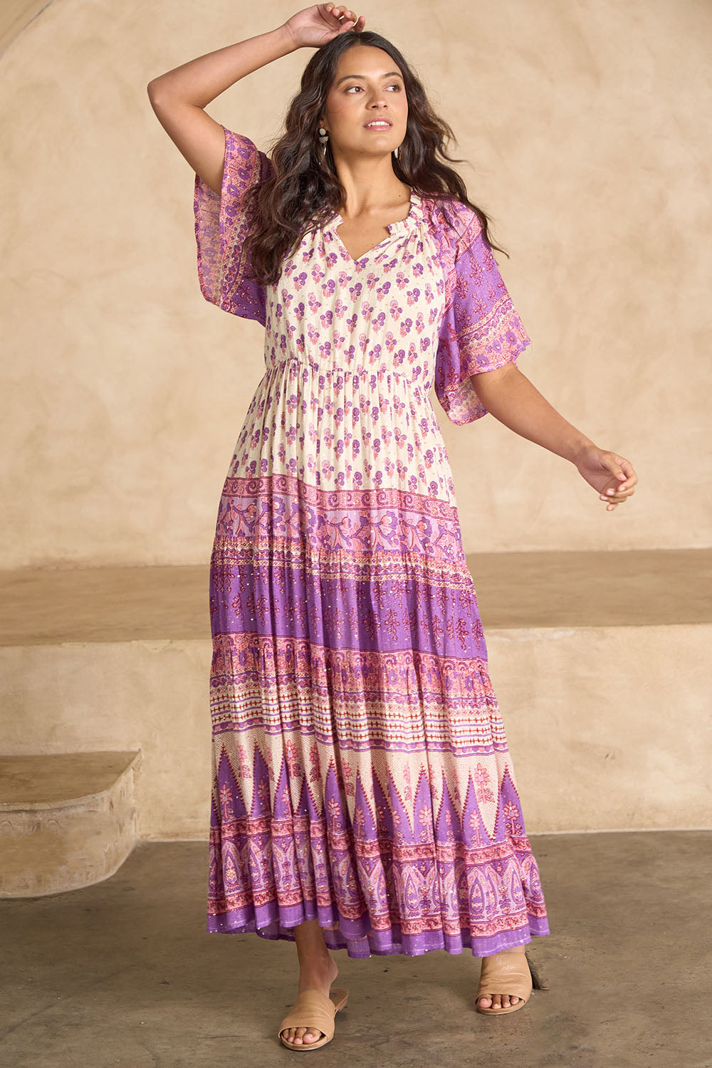 Model Tahnee wearing size 10 of the Angel Falls Long Dress in colour Pink (Pink), from the front, showing the whole outfit
